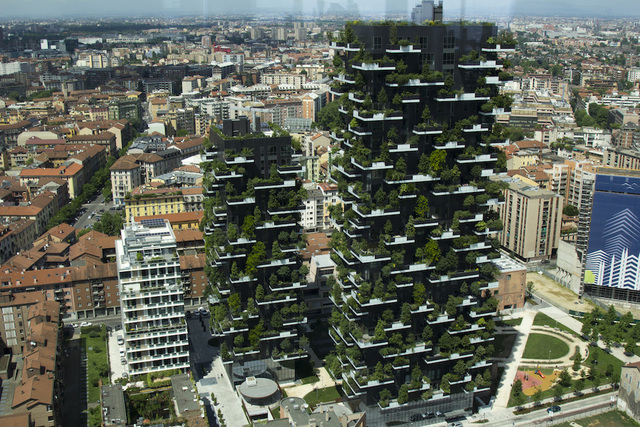 The ​Bosco Verticale​ ​building ​in Milan, Ramsden's personal favorite biomemetic/biophilic structure, implements strategies similar to those proposed to increase evaporation rates in Seattle. Photo courtesy Wikimedia