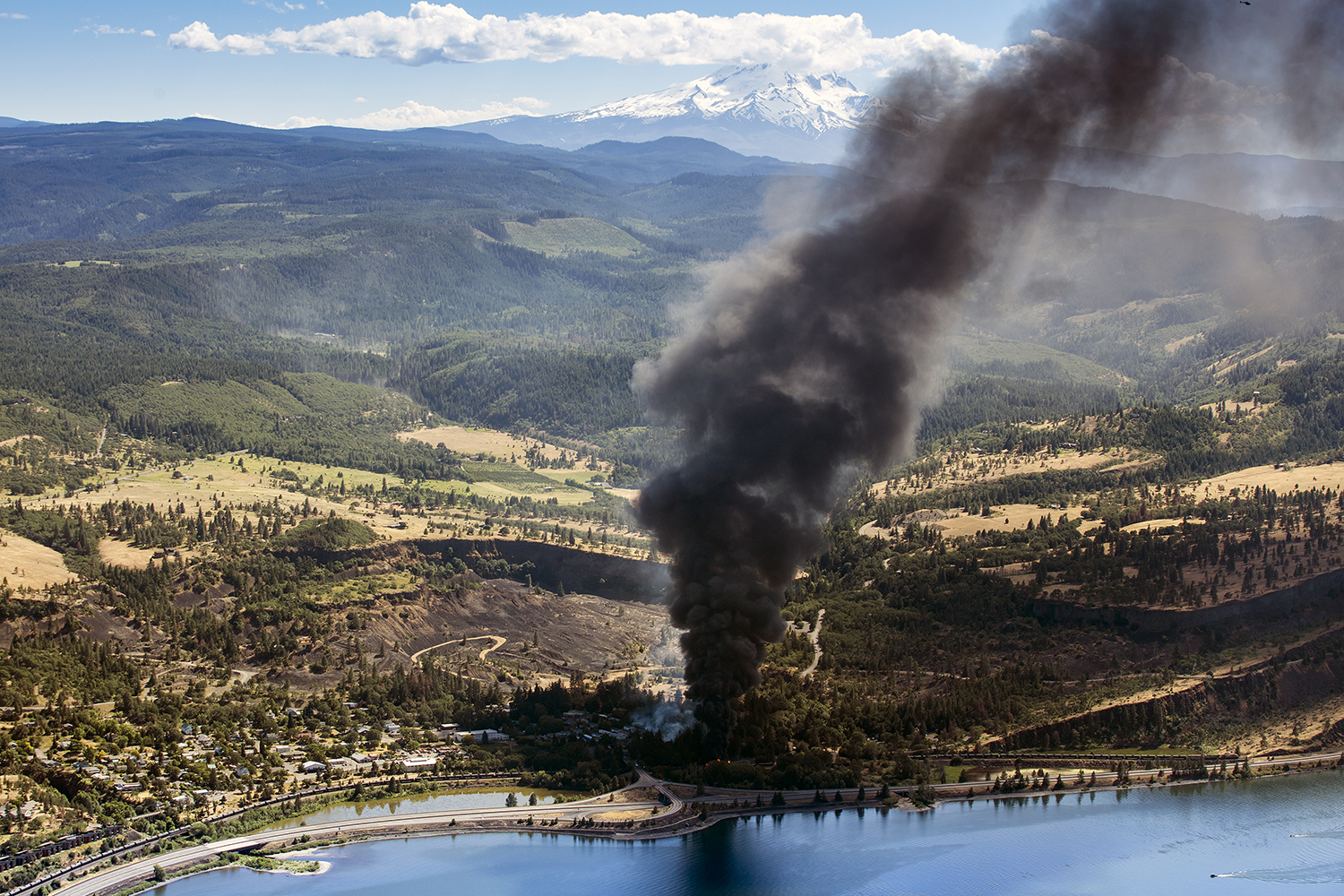 Aerial view of oil train derailment in Mosier, Ore. Photo by Paloma Ayala and courtesy of Climate Solutions.