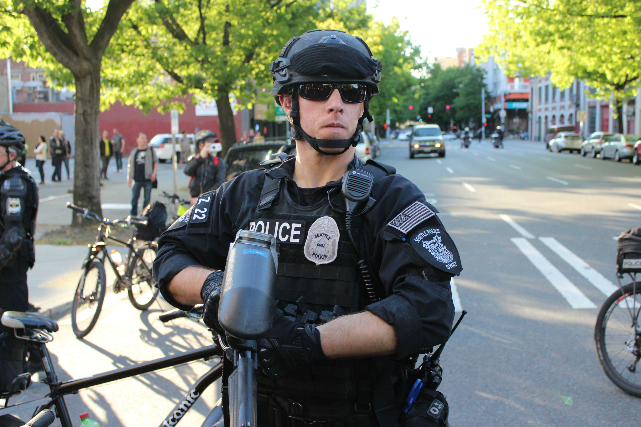 A Seattle riot officer at a recent May Day anticapitalist march.                                 Casey Jaywork.