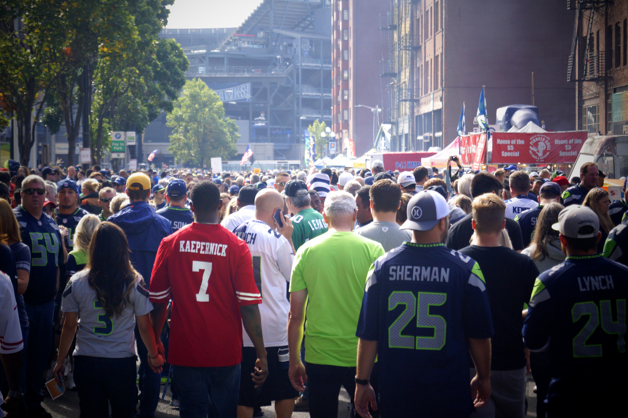 A Kaepernick jersey stands out from the crowd outside CenturyLink on Sunday. Photo by Christopher Zeuthen