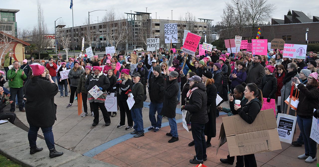 Pro-choice and Planned Parenthood supporters gather for a rally on February 11 at Kent’s Town Square Plaza. Photo by Heidi Sanders, Kent Reporter.