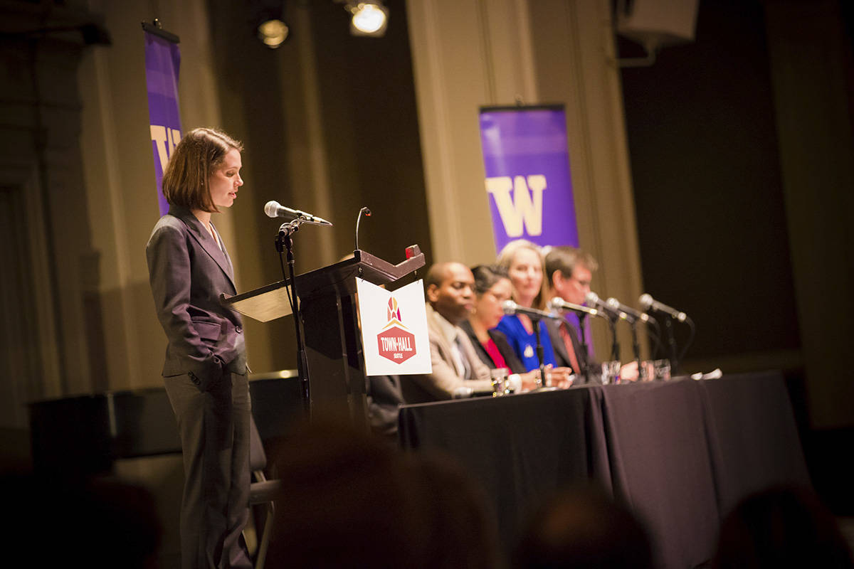 UW law professor Lisa Manheim leads a discussion on presidential power in the Great Hall at Town Hall Seattle on February 1, 2017. Photo by Greg Olsen/UW School of Law