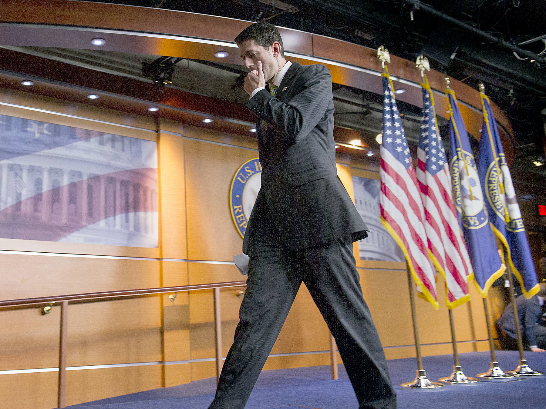 House Speaker Paul Ryan of Wis. leaves after telling the news media that he has pulled the health care overhaul bill, Friday, March 24, 2017, on Capitol Hill in Washington. Speaking about the failure of health care bill: Ryan said: ‘We came really close today, but we came up short.’ (AP Photo/Cliff Owen)