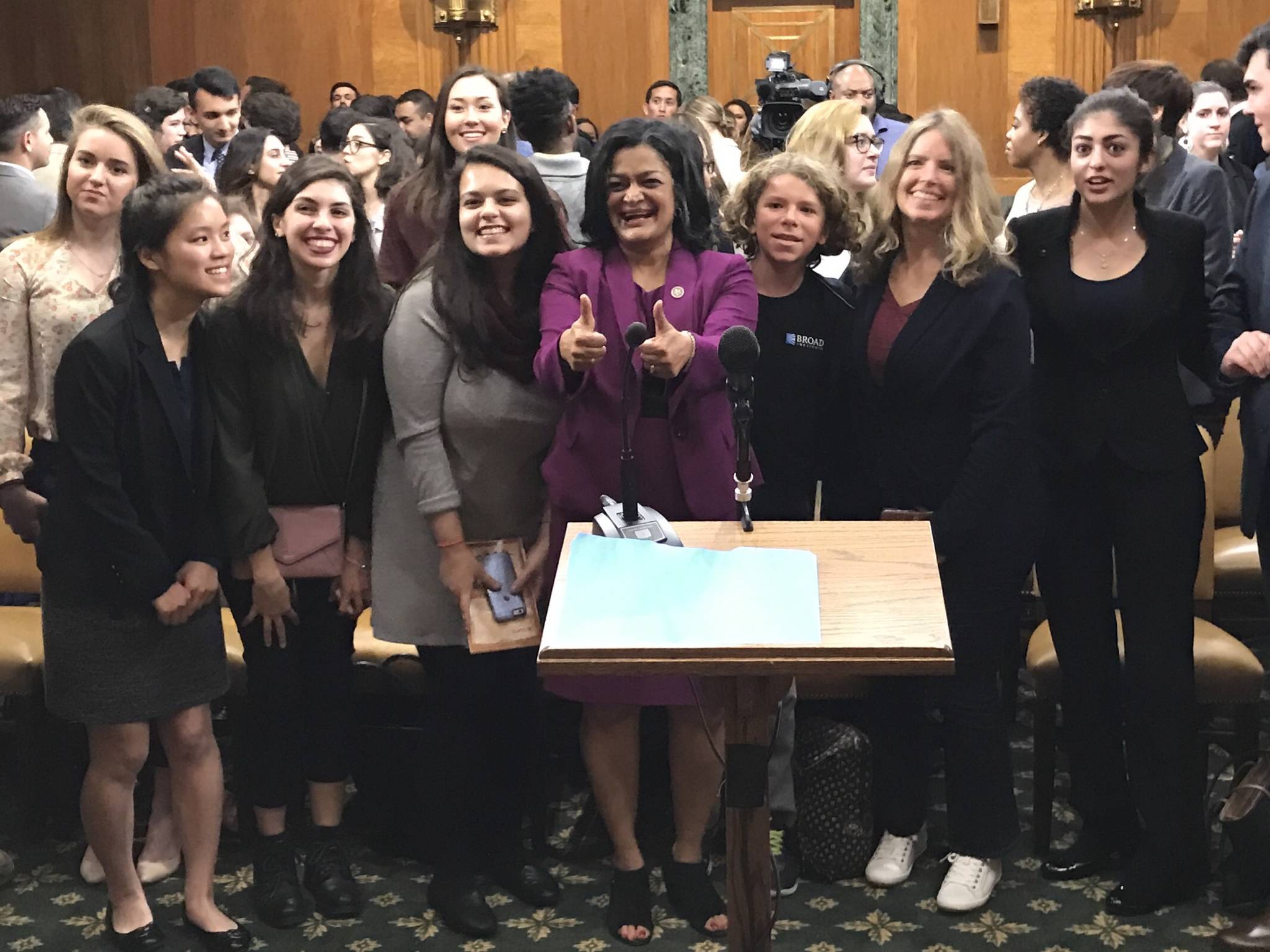 Rep. Pramila Jayapal celebrates the announcement of the College for All Act at a press conference in D.C. Photo courtesy Jayapal’s office