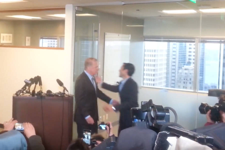 After Murray finished reading his statement, his husband Michael Shiosaki kissed him on the cheek before they left together. Screenshot via Casey Jaywork.