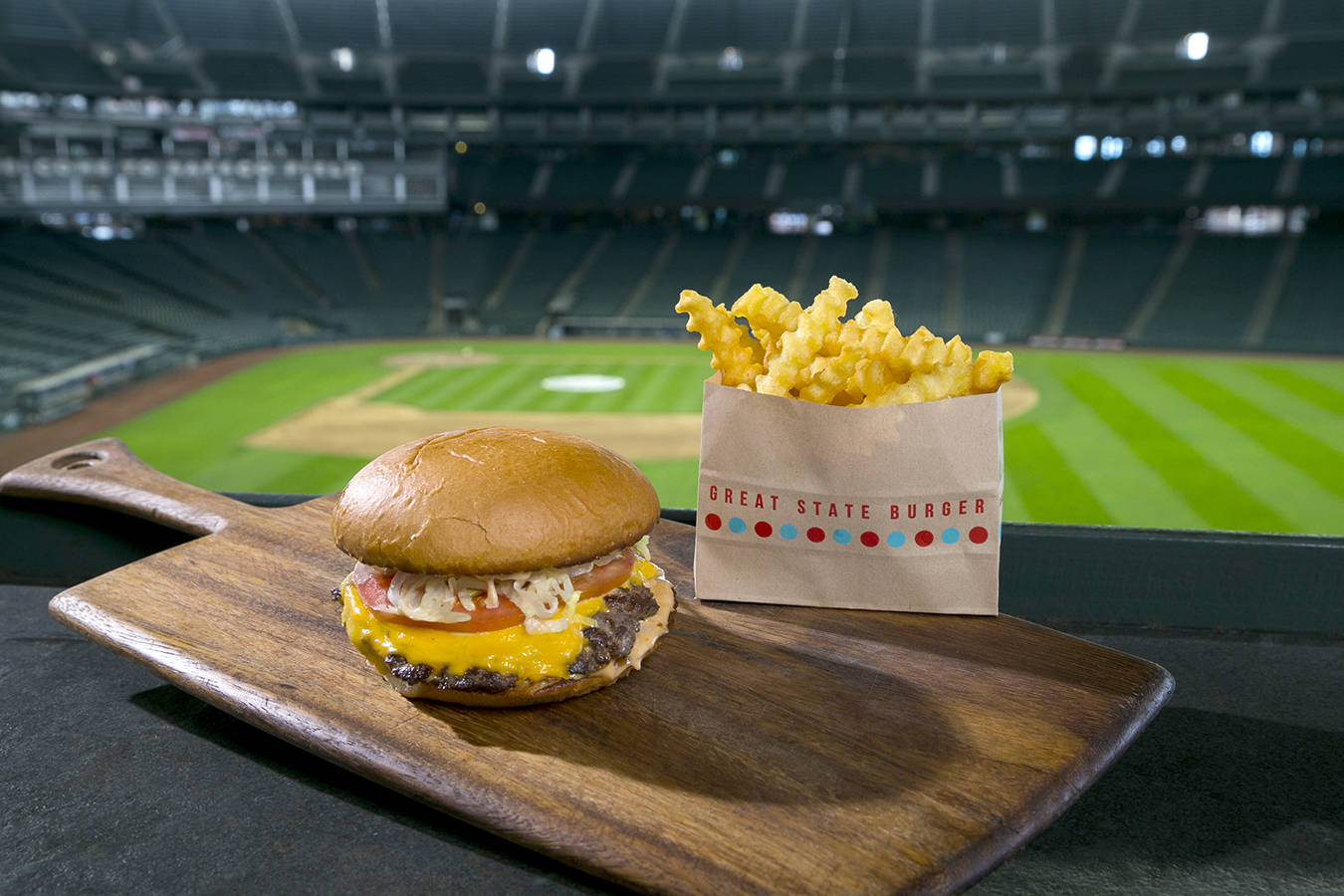The burger and fries from Josh Henderson’s Great State Burger, now in The Pen. Courtesy of Safeco Field