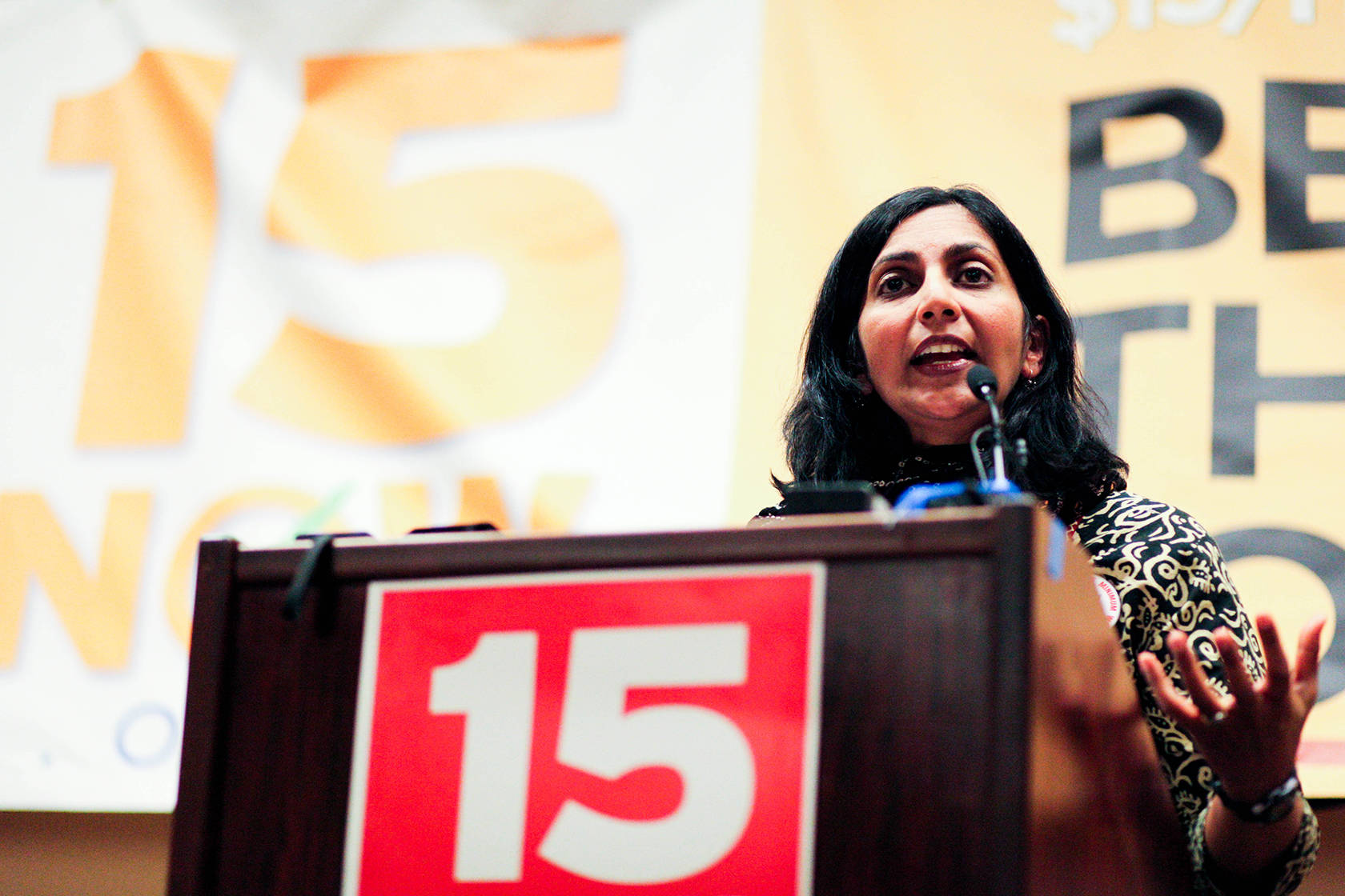 Seattle City Councilmember Kshama Sawant during the campaign for a $15 minimum wage. SW file photo
