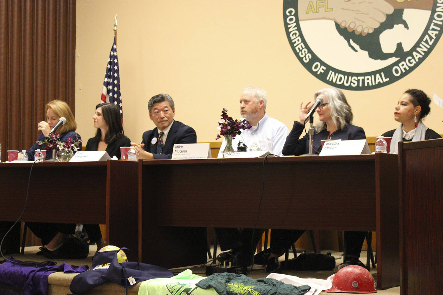 Six mayoral candidates talk worker issues at the Labor Temple Thursday evening. Photo by Sara Bernard
