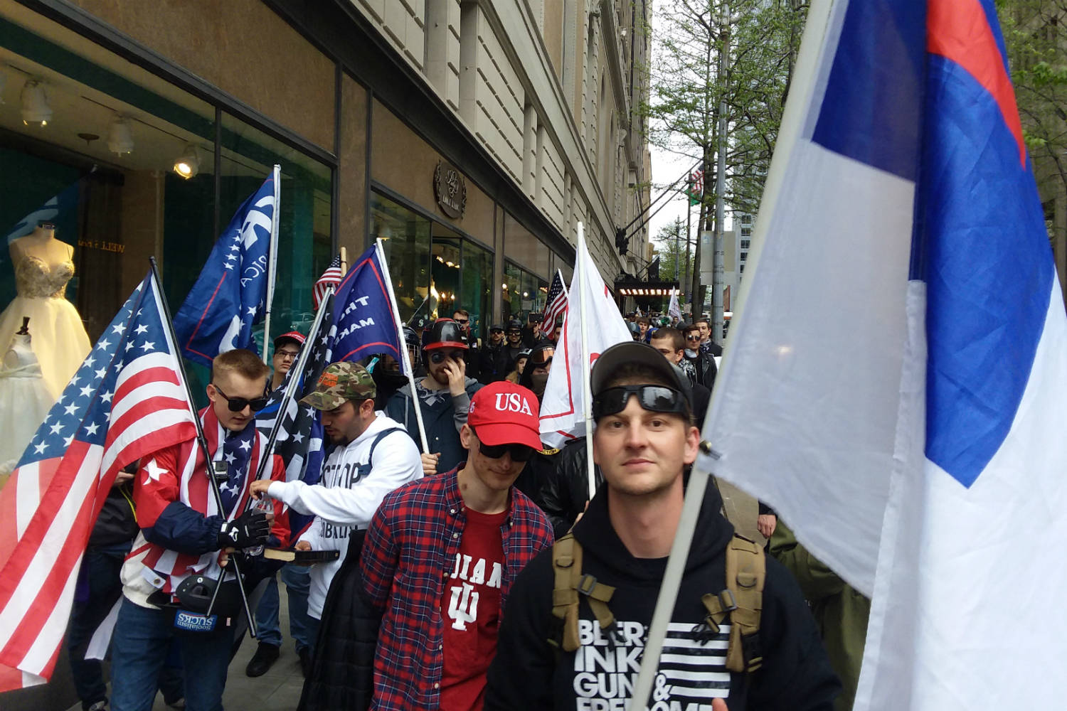 Trump supporters marching through Seattle on May 1, 2017. Photo by Casey Jaywork