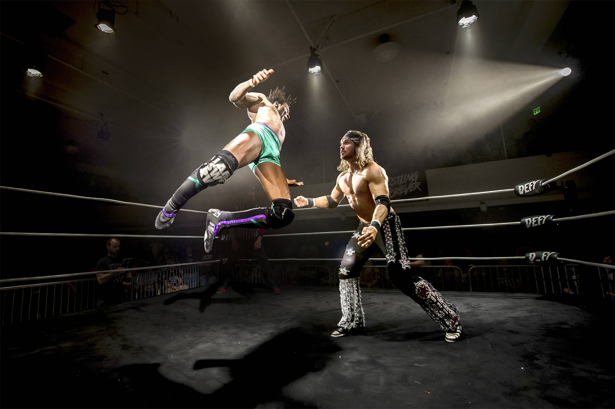 Shane “Swerve” Strickland flies at John Morrison during DEFY 3: Swerve City at Washington Hall. Strickland would go on to defeat Morrison. Photography by Nate Watters