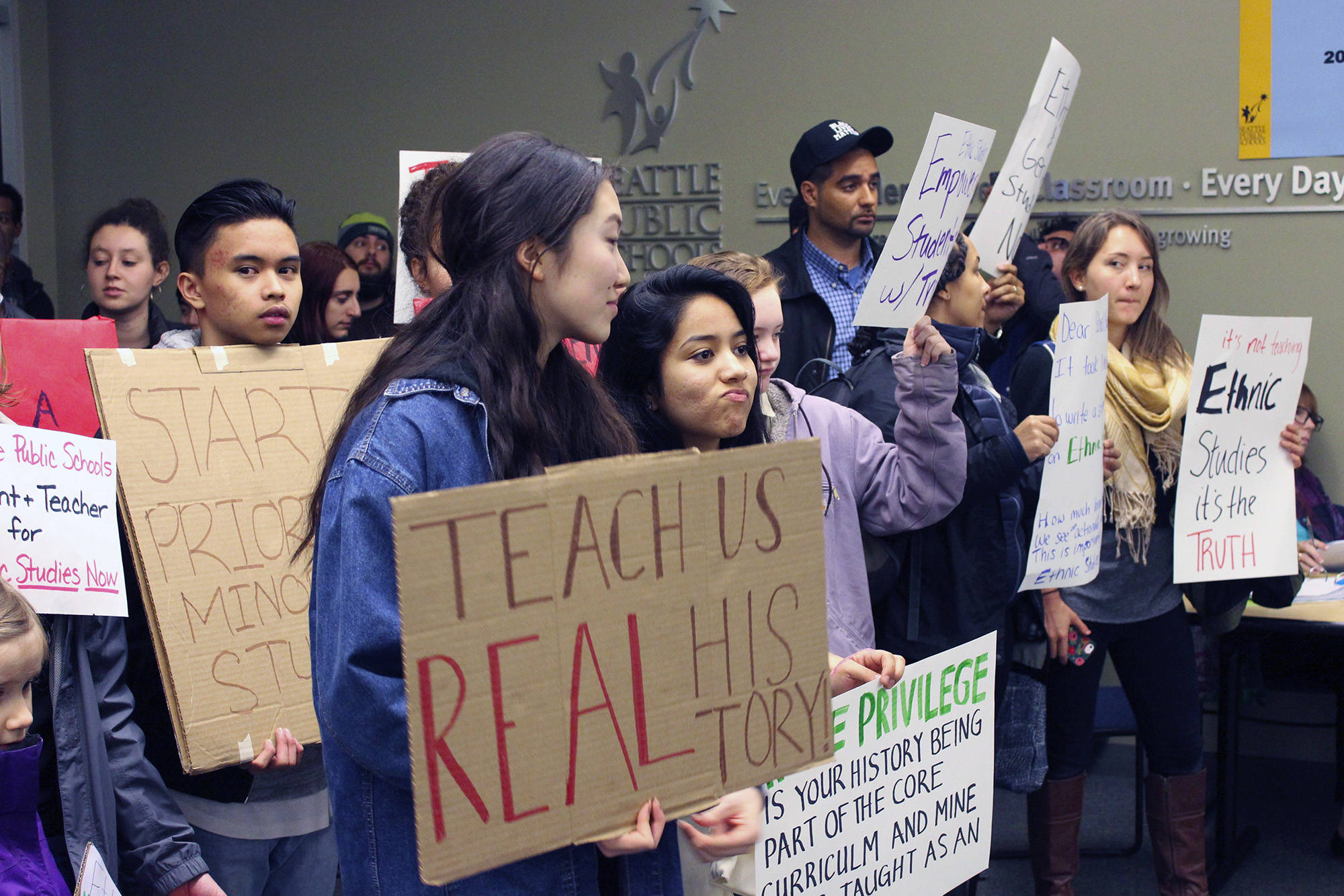Students and teachers advocate for ethnic studies at a school board meeting in March. Photo by Sara Bernard
