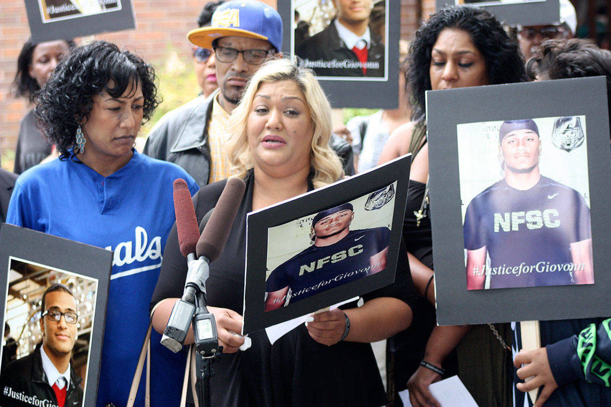 Sonia Joseph reads a statement Thursday outside of the Kent Police Station asking for more answers from police surrounding the shooting death of her son, Giovonn Joseph-McDade, on June 24 by a Kent Police officer. Steve Hunter/Kent Reporter