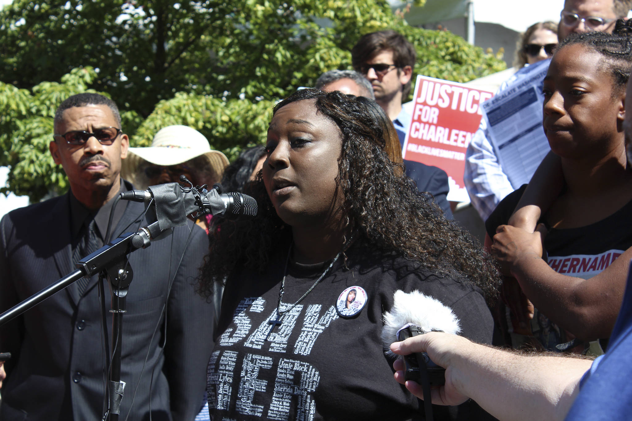 Katrina Johnson, Charleena Lyles’ cousin, speaks at a press conference for De-Escalate Washington on July 6, 2017. Photo by Sara Bernard