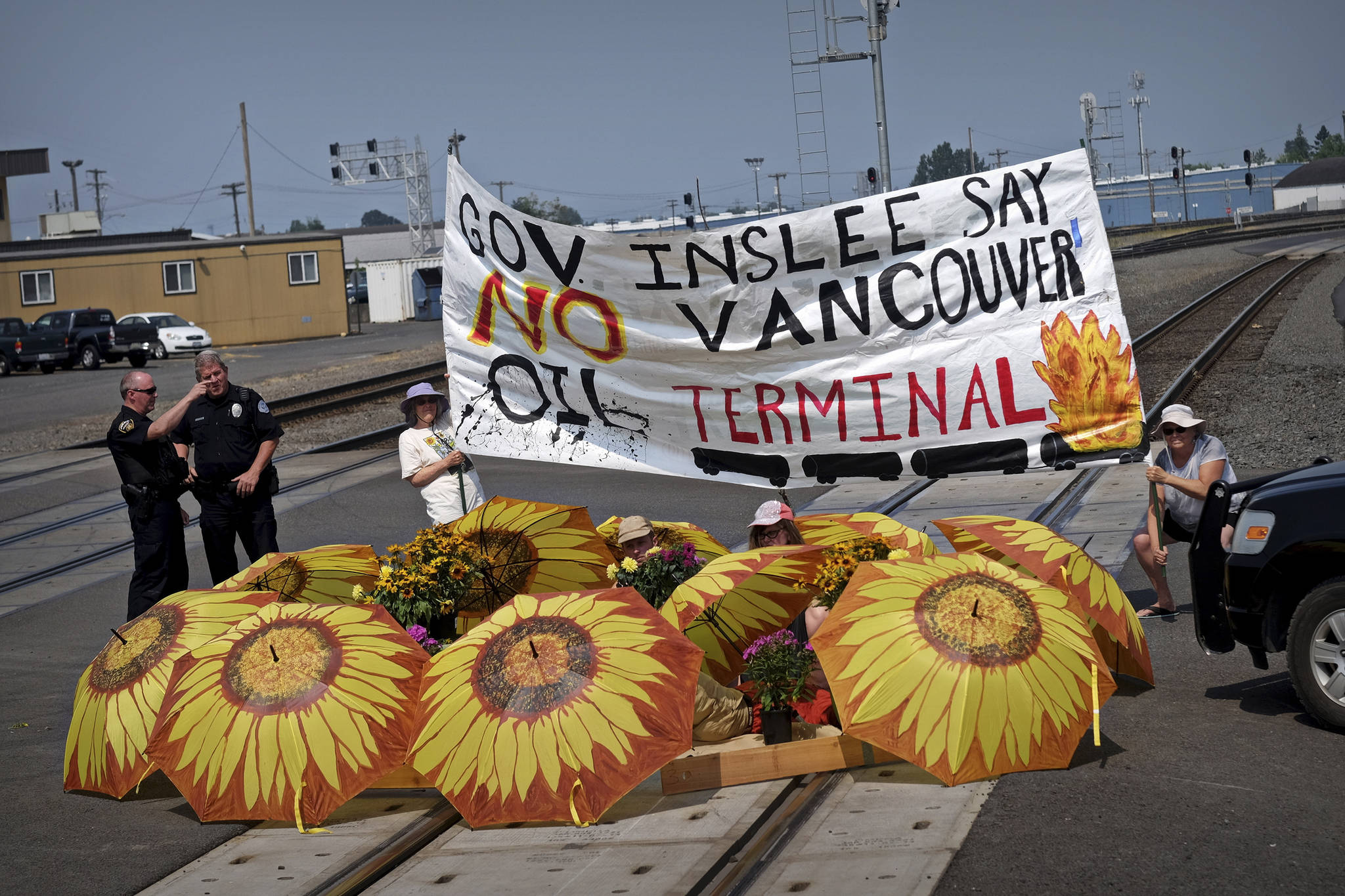 Protesters gather on the train tracks in Vancouver, Wash. Photo courtesy Shut Down Fossil Fuels