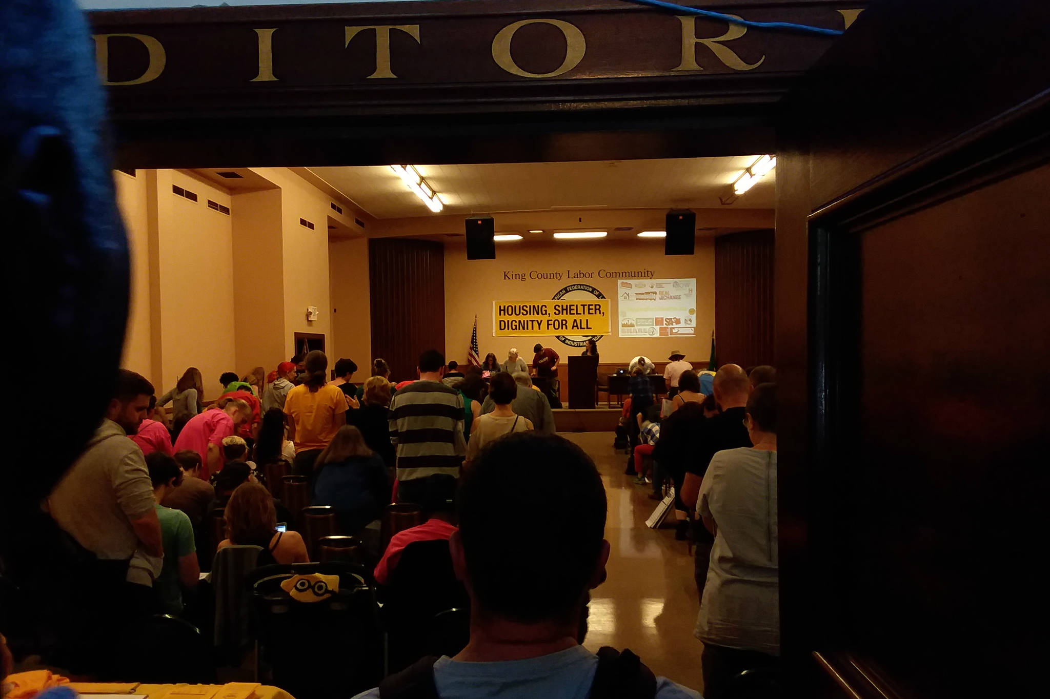 The Labor Temple was packed on Saturday for the Housing for All Seattle campaign launch. Photo by Casey Jaywork