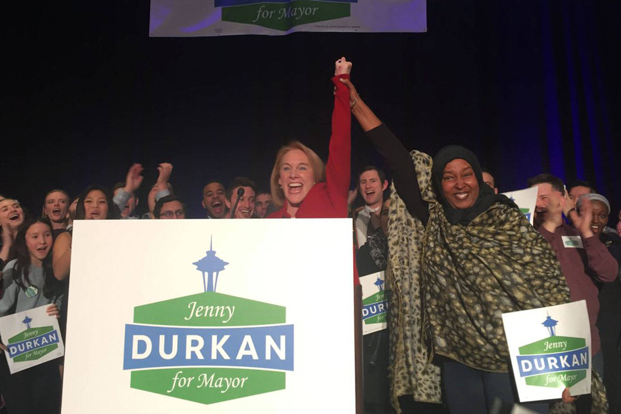 Asha Mohamed congratulates Mayor Jenny Durkan at her election party on November 7. Photo by Melissa Hellmann