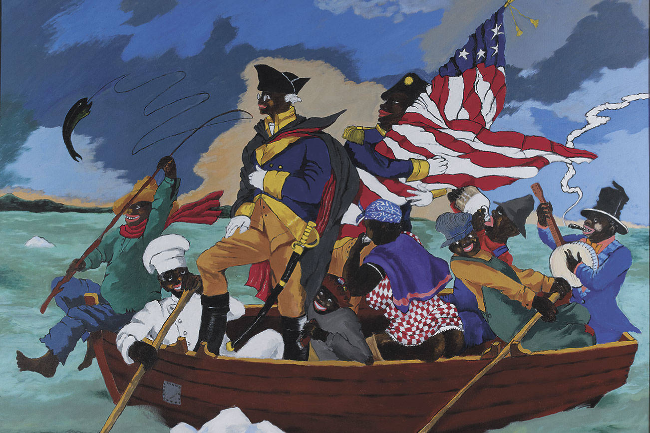 Robert Colescott, &lt;em&gt;George Washington Carver Crossing the Delaware: Page from an American History Textbook&lt;/em&gt;, 1975, acrylic on canvas, 84 x 108 in. Courtesy Seattle Art Museum, photo by Jean Paul Torno