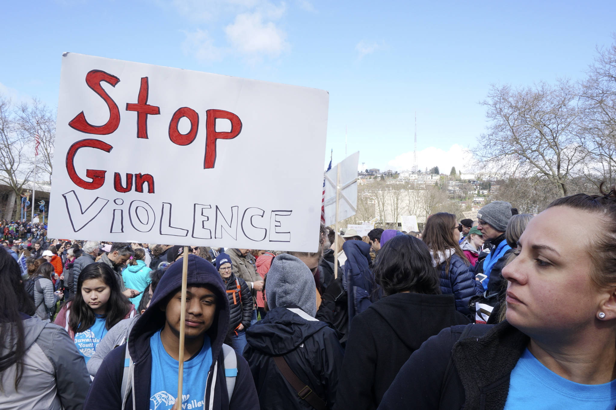 Students gathered at Seattle Center at the end of the March for Our Lives demonstration on March 24, 2018. Photo by Melissa Hellmann