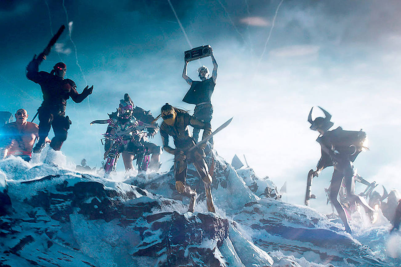 Players engage in battle in the OASIS, the virtual-reality universe of ‘Ready Player One.’ Courtesy Warner Bros. Pictures