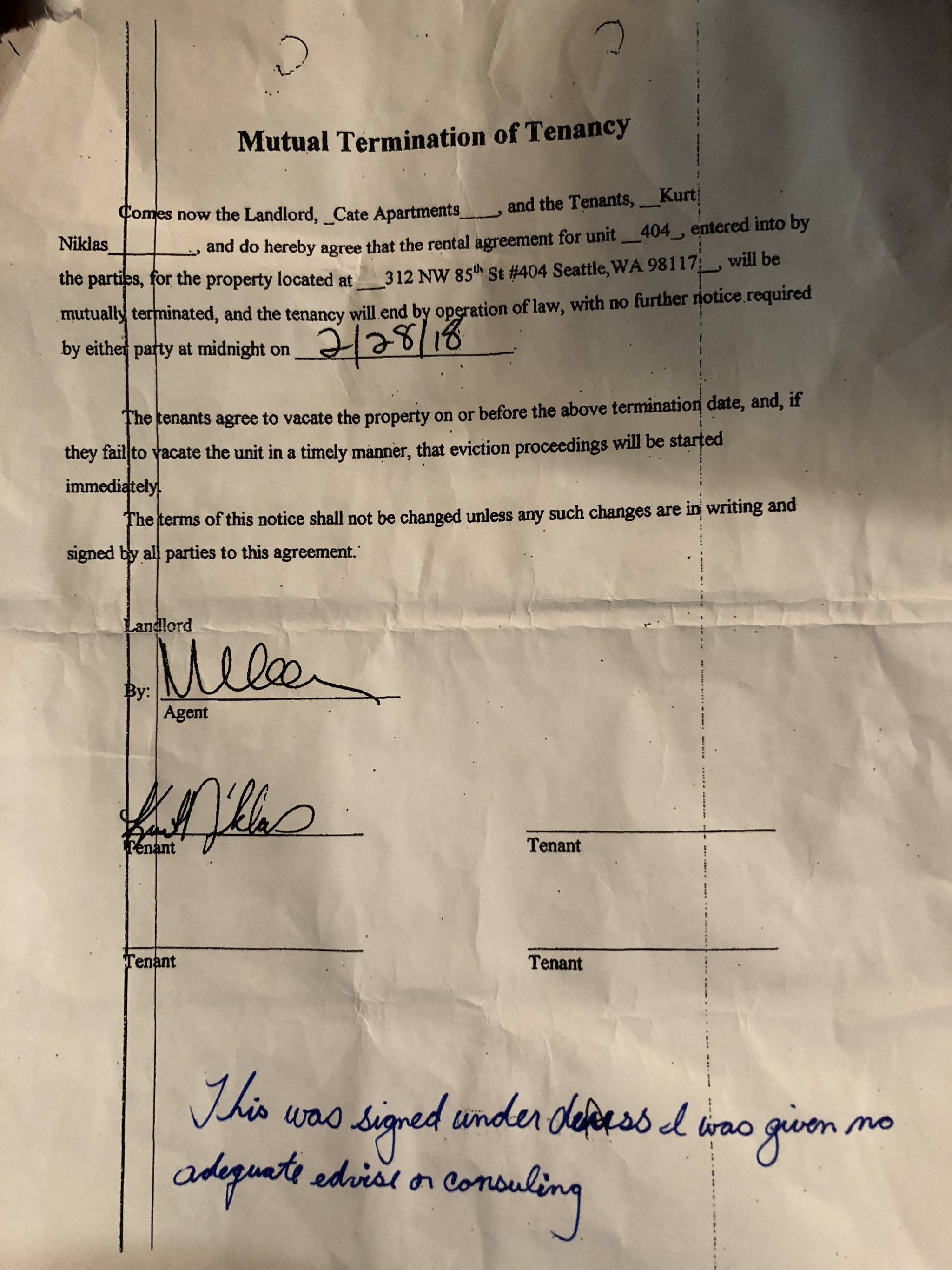 Kurt Niklas says that the original mutual termination agreement he signed listed the move out date as February 2017, but he believes this document was forged, with the “‘17” changed to an “‘18.” Copy courtesy of Kurt Niklas