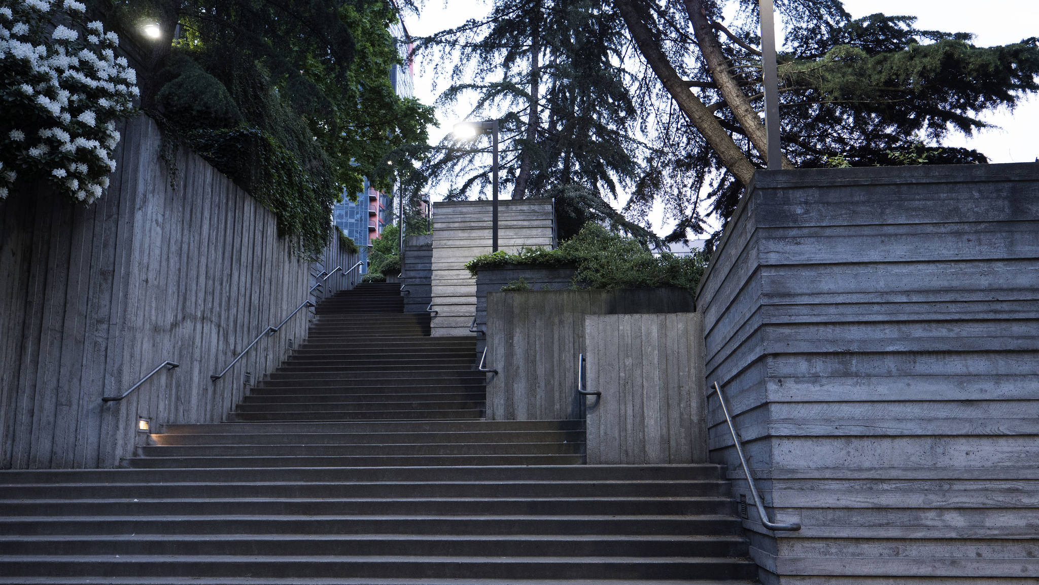 Taking the stairs at Freeway Park. Photo by Keiko DeLuca