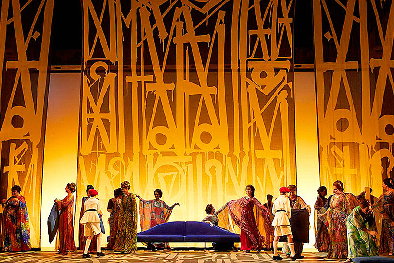 Anita Yavich’s costumes combine stunningly with RETNA’s backdrops in Seattle Opera’s &lt;em&gt;&lt;/em&gt;&lt;em&gt;Aida&lt;/em&gt;. Photo by Philip Newton