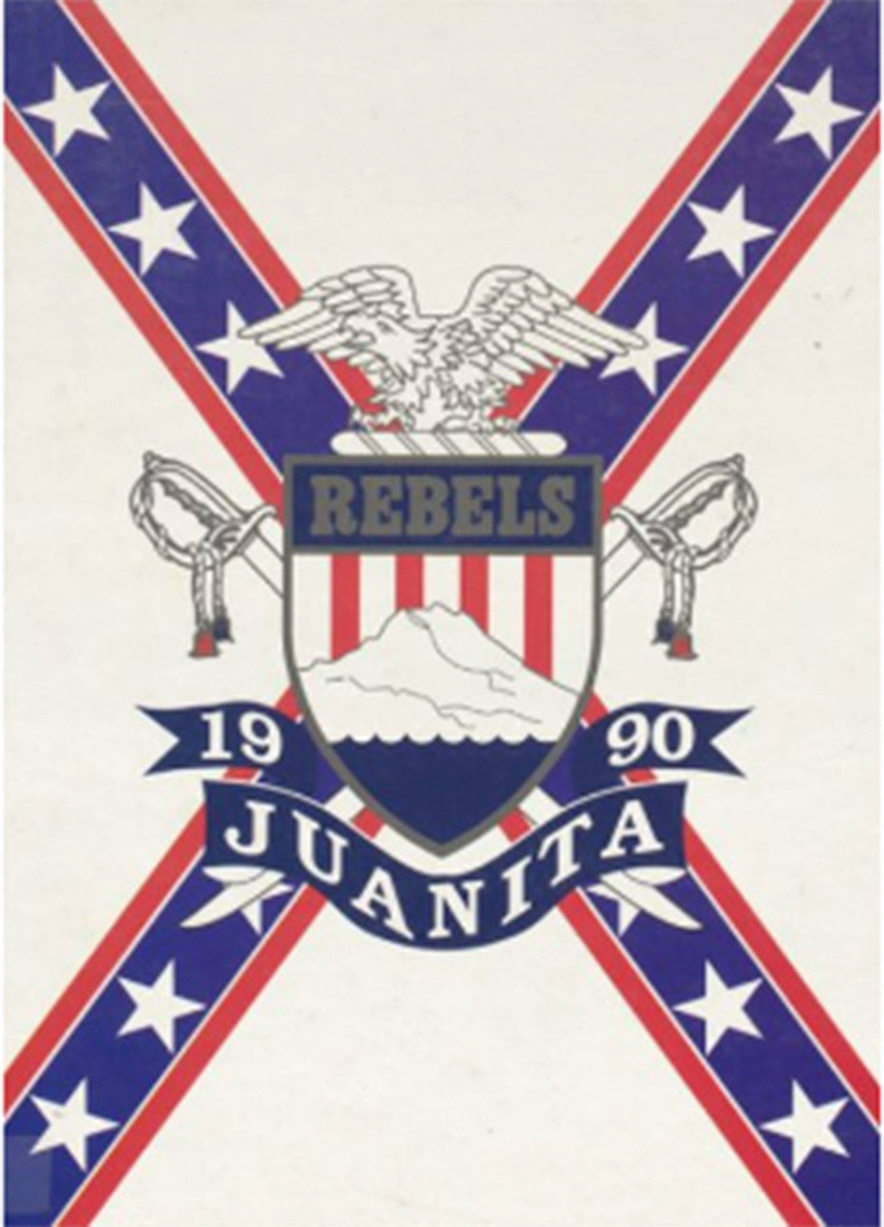 The 1990 Juanita High School logo featuring the “stars and bars” design in the background. The design is associated with the Confederate flag and was changed in the early 1990s after JHS staff voiced objections to it. Courtesy of Lake Washington School District