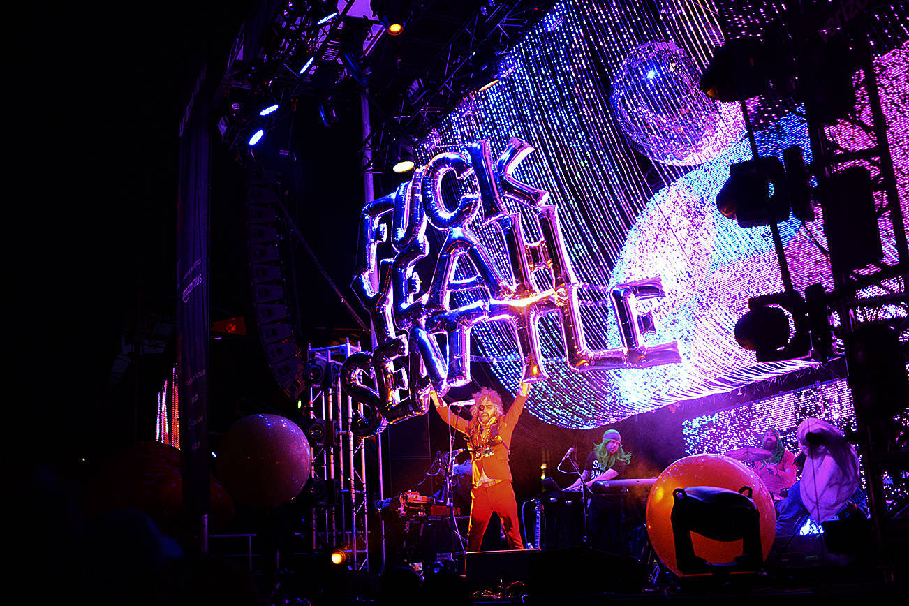 The Flaming Lips with their traditional welcoming message. Photo by Seth Sommerfeld