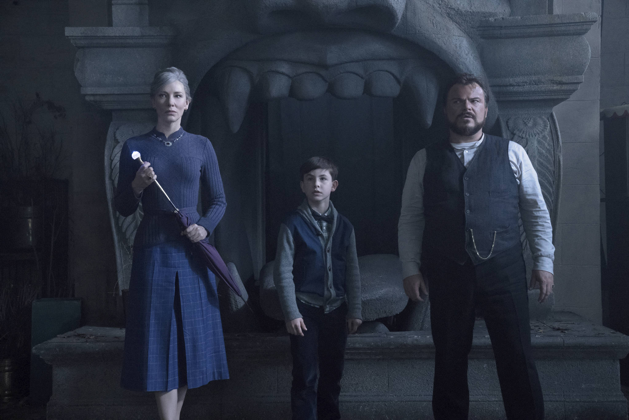 Cate Blanchett, Owen Vaccaro, and Jack Black get their kiddie horror on in The House 
With a Clock in Its Walls. Photo courtesy Storyteller Distribution Co.