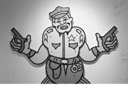 Freeze! Pull my testicles! Blair Wilson's life-sized cop cutout invites mockery.