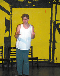 Morphing man: Neel changes character in rehearsal.