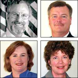 Clockwise from top-left: Republicans Phil Fortunato, Steve Hammond, and Pam Roach, and Democrat Barbara Heavey.