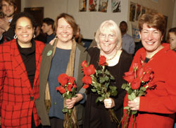 The successful School Board challengers on election night, from left: Darlene Flynn, Sally Soriano, Brita Butler-Wall, and Irene Stewart.