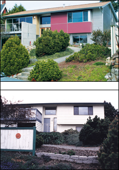 New materials help break up the boxiness of the old facade (shown by Logan's photo, below).