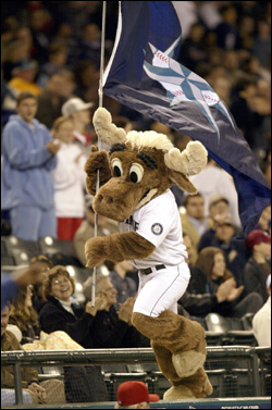 The Mariner Moose at Safeco Field during happier times—on April 7.