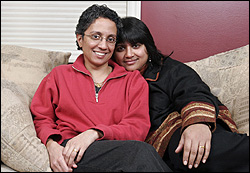 Vega Subramaniam, left, and Mala Nagarajan are one of 19 couples suing for the right to marry.