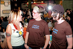 Hannah Levin (left) described her pain- and guilt-free abortion at a gathering last week. She is joined here by Eileen McComb (center), who also spoke, and Aradia volunteer Dana Laurent (right), both of whom are wearing "I had an abortion" T-shirts.