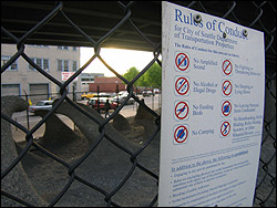Under the Alaskan Way Viaduct, rules for being homeless.
