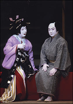 Nakamura Ganjiro III (left) as Ohatsu and his son Nakamura Kanjaku as Tokubei in The Love Suicides at Sonezaki (Sonezaki Shinju).
