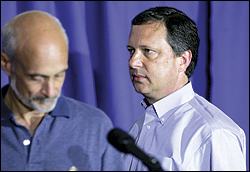Ex–FEMA chief Michael Brown, right, and Homeland Security Secretary Michael Chertoff in Louisiana last week.