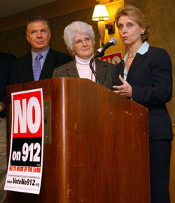 From right, Gov. Christine Gregoire congratulates transportation leaders Sen. Mary Margaret Haugen, D-Camano Island, and Rep. Ed Murray, D-Seattle, and others on election night. All were key to passing the gas tax increase this year&mdash;and defending it against Initiative 912.