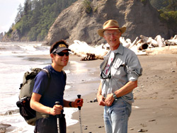 Extreme backpacker Andrew Skurka (left) stands with Ron Strickland on Rialto Beach.