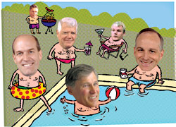 Fat and happy: (clockwise from top left): Dicks, McDermott, Baird, Smith, Inslee,  and (dipping his toe in the pool) Larsen.