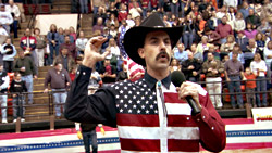 Baron Cohen never breaks character, even when  provoking rodeo-goers into  a near riot.