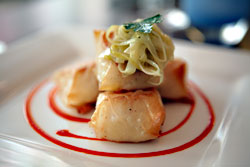 Scallop “strudels,” wrapped in phyllo.