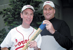 Bill Nye (left) and Steve Goucher pose with their bat-tastic invention, the Fango.