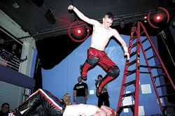 This “ladder match” between Draven Lawless (with mohawk) and Master Blaster featured no standard three count.