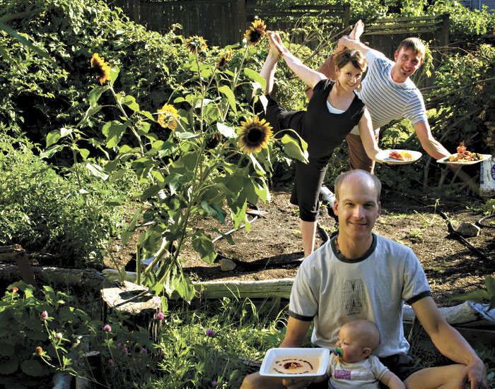 Natarajasana pose: Amber Tande and Colin Patterson. Sukhasana pose: Aaron Geibel and baby.