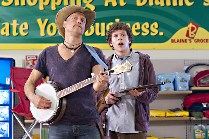Harrelson (left) shows Eisenberg how music can kill the undead.