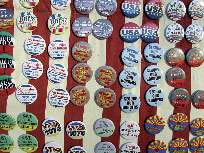 A display of buttons for sale at the June 5 pro-SB 1070 rally.